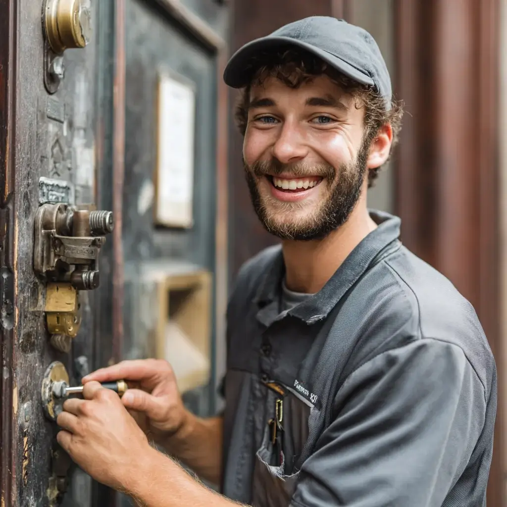 Serrurier souriant à Beausoleil réparant une serrure de porte avec son équipement 🔧🔑