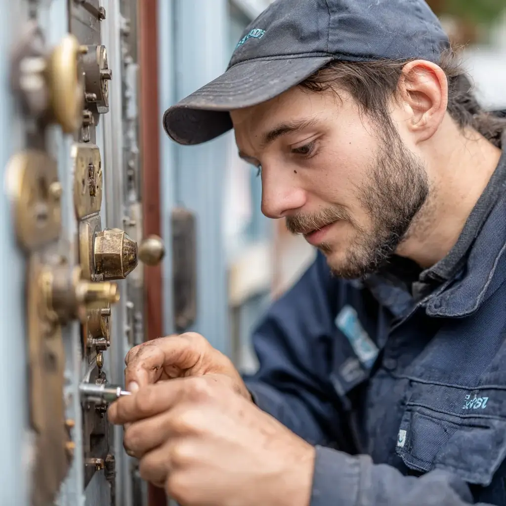 Serrurier à Nice utilisant ses outils pour travailler sur une porte